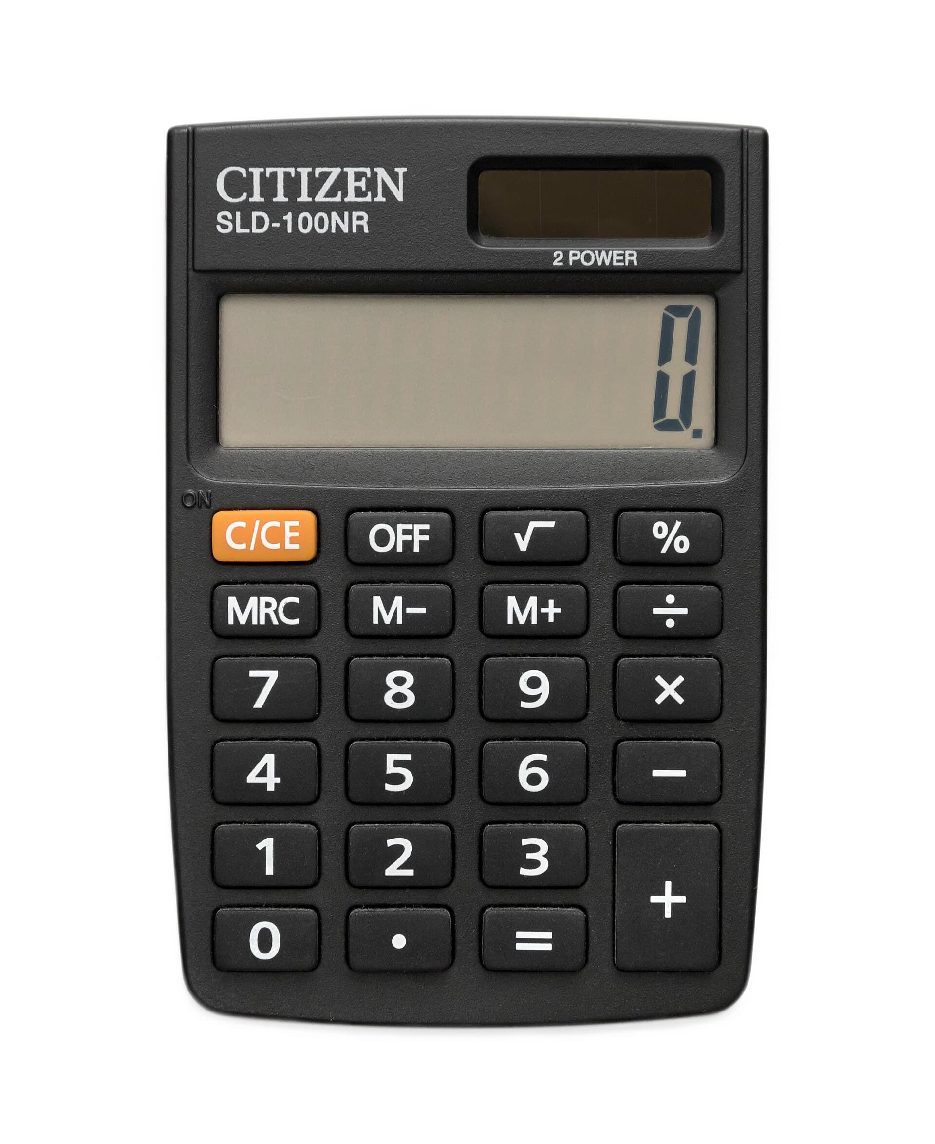 A handheld calculator on a plain background
